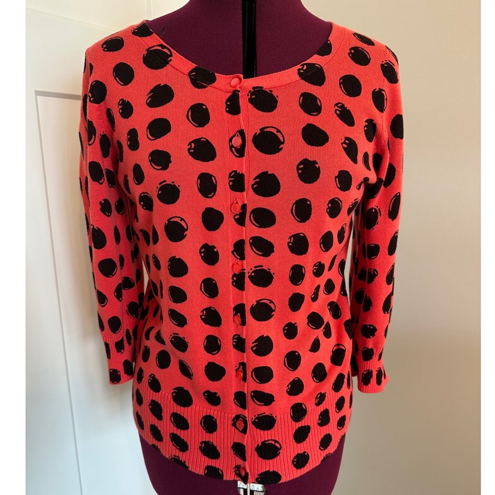 AB Studio Womens Coral Red Black Polka Dot Cotton Cardigan Sweater Large/Fun!